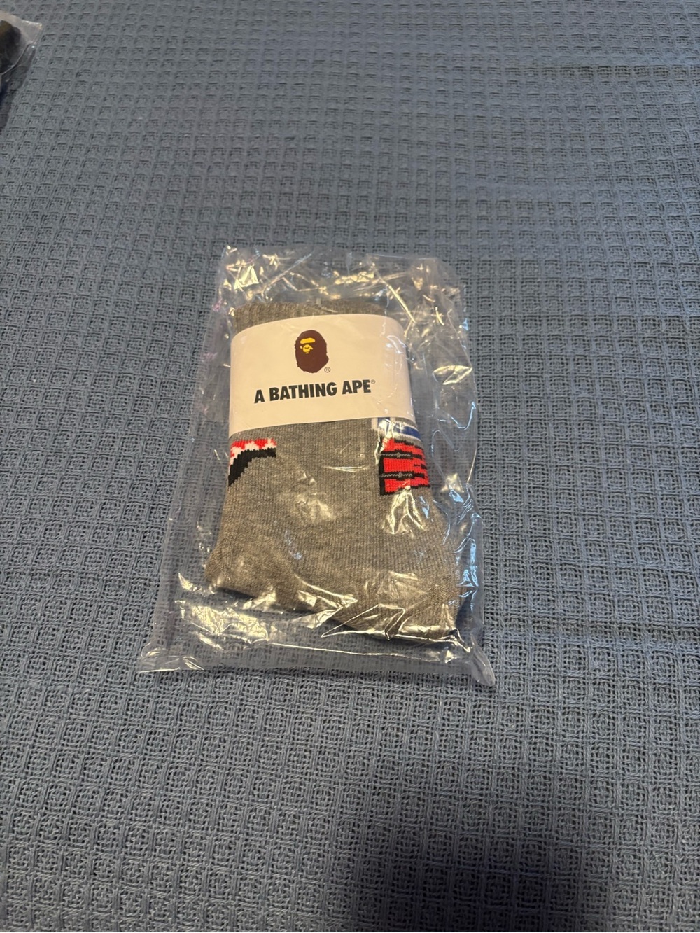 Bape Grey Crew Socks with Red Shark Accent